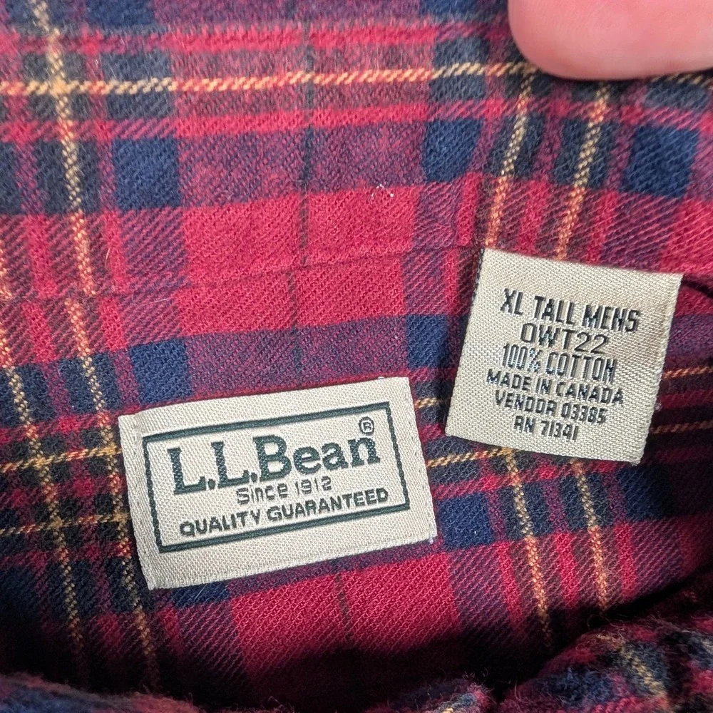 Vintage LL Bean Flannel Shirt Mens XL Tall Red Plaid Long Sleeve Button Canada‎ - Picture 3 of 9